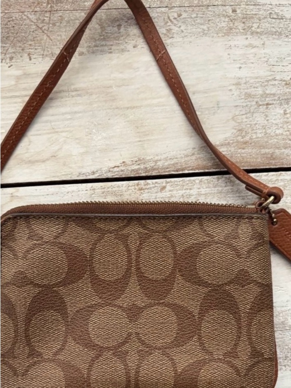 Coach Brown Signature Canvas Wristlet with Leather Trim - Picture 2 of 3